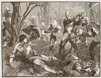 Śmierć twórcy króla w bitwie pod Barnet, ok. 1880, ilustracja z Cassells Illustrated History of England (zdjęcie w sepii)
